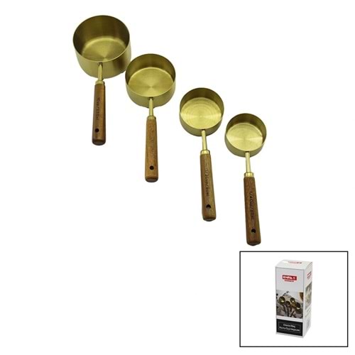 4PCS GOLD METAL ÖLÇÜ KAŞIK SET OTANTİK AĞAÇ KULP 1CUP: 250ML - 1/2 CUP: 125ML - 1/3 CUP: 80ML - 1/4 CUP: 60ML (5047)