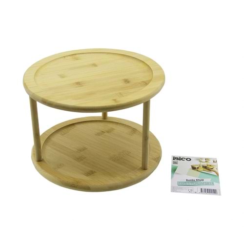 2 KATLI YUVARLAK=24.5CM DÖNER TABLALI AHŞAP BAMBU SUNUM TEPSİSİ - MİNİ SOFRA (5047)
