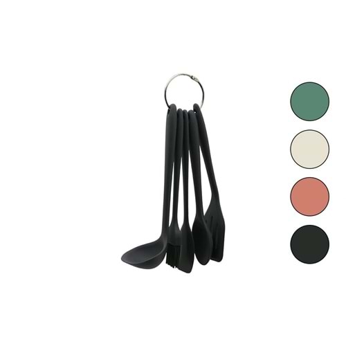 5PCS MİNİ=20-21CM RENKLİ SİLİKON MUTFAK SERVİS SETİ KAŞIK - KEPÇE - YAN - DELİKLİ SPATULA - Y.FIRÇASI (5047)