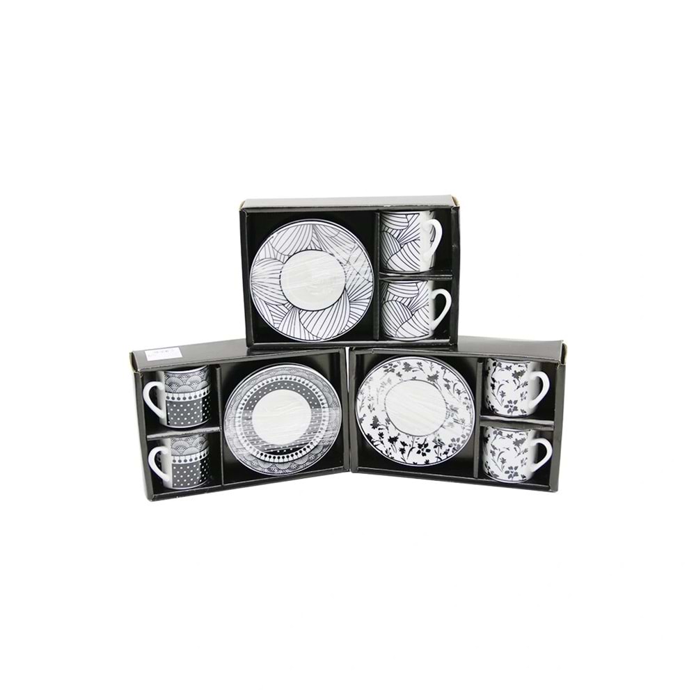 SİYAH - BEYAZ 4PCS=2-TAKIM PORSELEN KAHVE FİNCANI ÇİÇEK - ÇİZGİ - NOKTA MİX DESEN (5047)