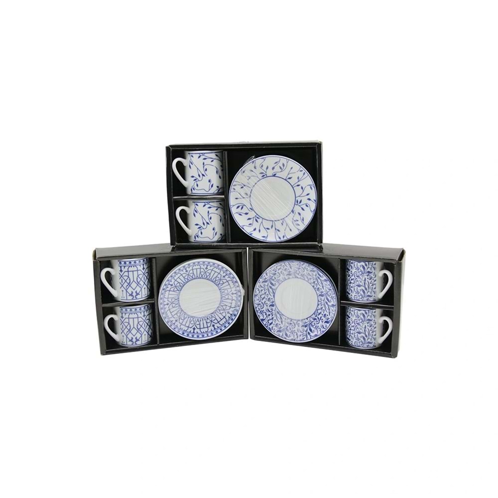 MAVİ - BEYAZ 4PCS=2-TAKIM PORSELEN KAHVE FİNCANI ÇİÇEK - ÇİZGİ - NOKTA MİX DESEN (5047)