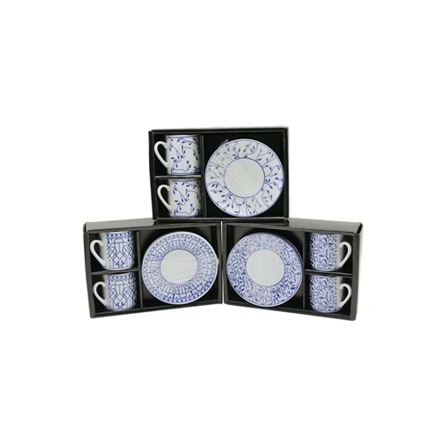 MAVİ - BEYAZ 4PCS=2-TAKIM PORSELEN KAHVE FİNCANI ÇİÇEK - ÇİZGİ - NOKTA MİX DESEN (5047)
