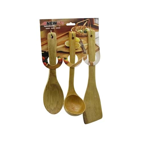 3PCS AHŞAP BAMBU MUTFAK SERVİS SETİ KAŞIK=27CM - KEPÇE=27CM - SPATULA=32CM (5047)