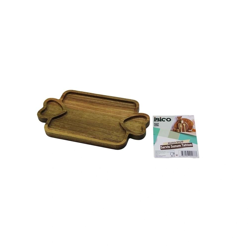 AKASYA DİKDÖRTGEN 3 BÖLMELİ=2İN1 KALP KULP - BÖLME + 1 AHŞAP BAMBU SERVİS SUNUM TEPSİ - TAHTASI 25 X 14 X 1.4CM (5047)