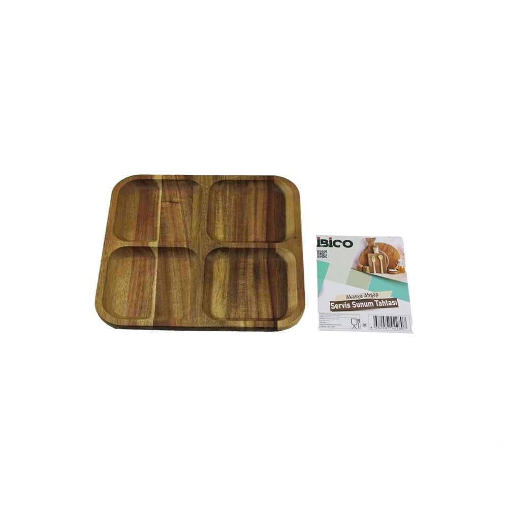 AKASYA KARE 4 BÖLMELİ AHŞAP SERVİS SUNUM TEPSİ - TAHTASI 20 X 1.4CM (5047)