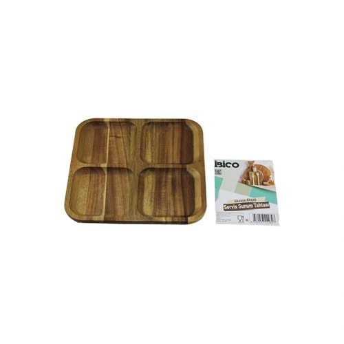 AKASYA KARE 4 BÖLMELİ AHŞAP SERVİS SUNUM TEPSİ - TAHTASI 20 X 1.4CM (5047)