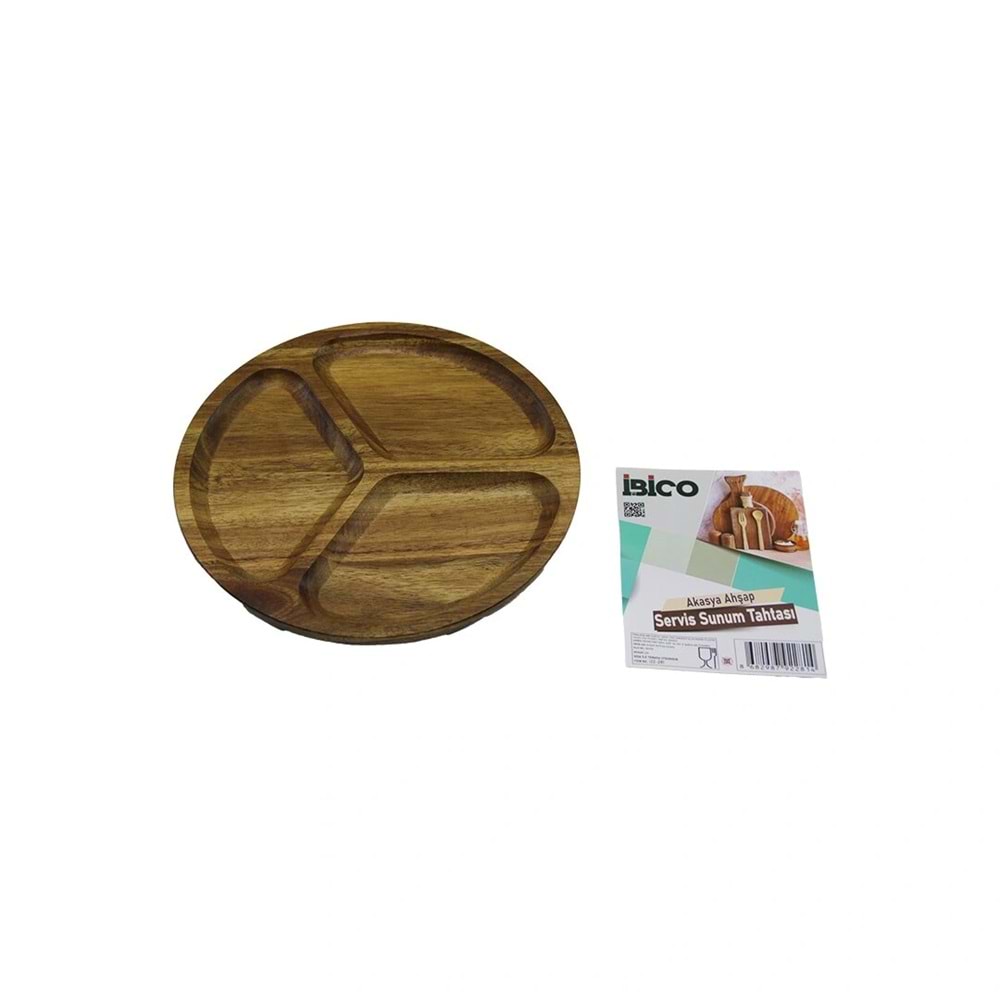 AKASYA YUVARLAK 3 BÖLMELİ AHŞAP SERVİS SUNUM TEPSİ - TAHTASI 20 X 1.4CM (5047)