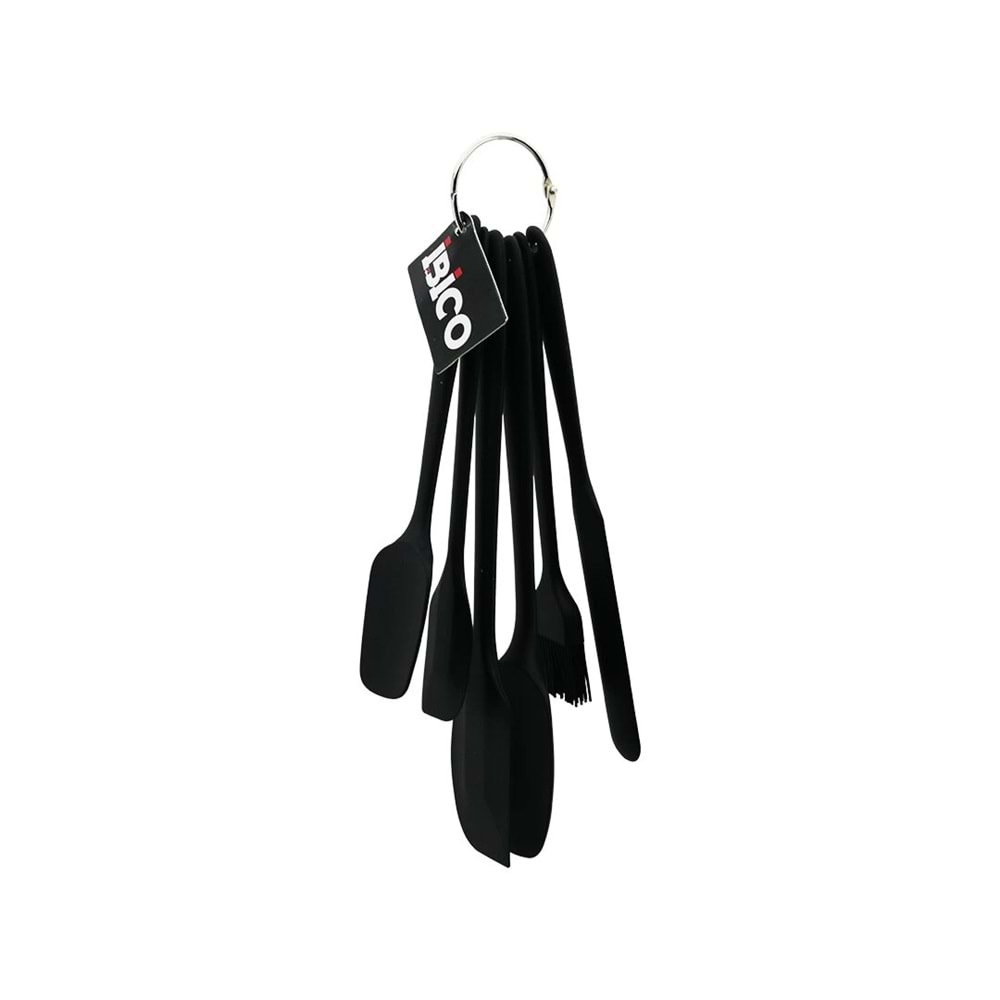 6PCS SİLİKON - SİYAH MUTFAK SETİ 2 KAŞIK - 3 SPATULA - YUMURTA FIRÇA METAL ASMA HALKALI (5047)