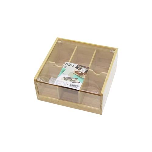 AHŞAP BAMBU 6 BÖLMELİ POŞET ÇAY KUTUSU MİKA PLASTİK KAPAK 21X20X10CM (5047)