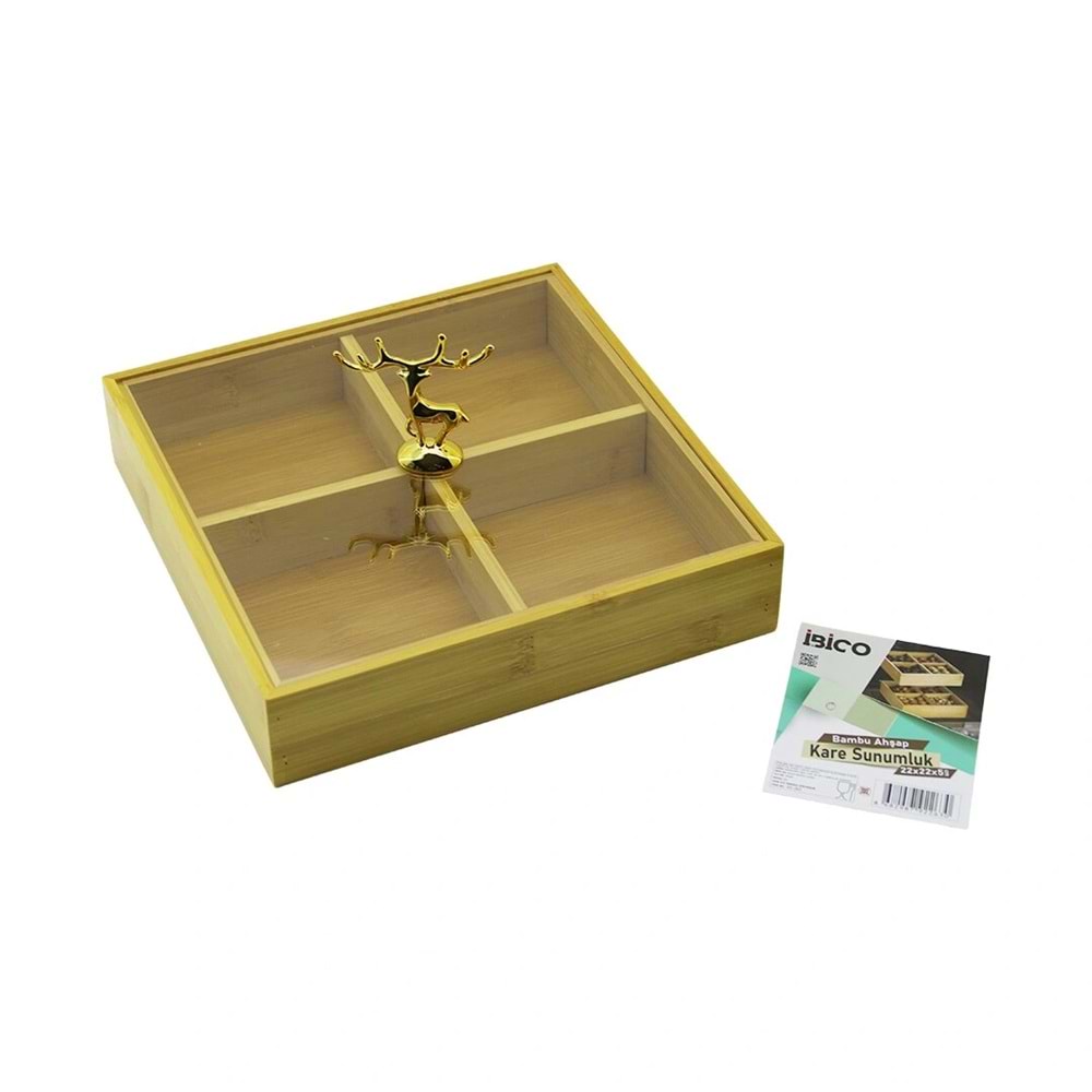 KARE 4 BÖLMELİ=2IN1=BÖLMESİZ ÇOK AMAÇLI KUTU AHŞAP BAMBU SERVİS SUNUM TEPSİ - TAHTASI 22X22X5CM (5047)