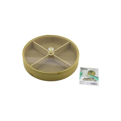 YUVARLAK 4 BÖLMELİ=2IN1=BÖLMESİZ ÇOK AMAÇLI KUTU AHŞAP BAMBU SERVİS SUNUM TEPSİ - TAHTASI 22CM (5047)