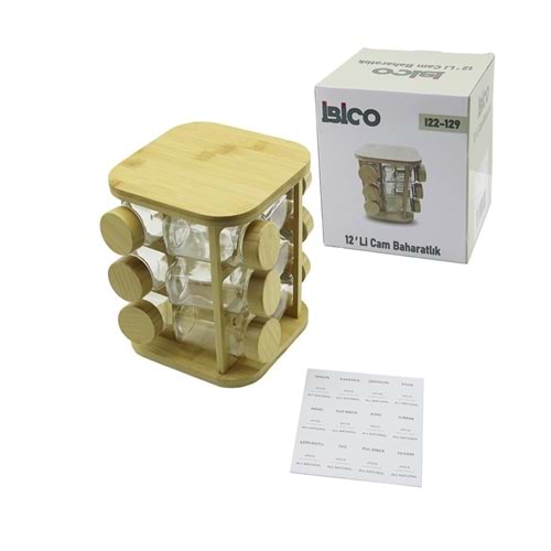12PCS KARE DÖNER STANDLI CAM - BAMBU KAPAK TUZLUK - BAHARATLIK BAMBU STAND (5047)