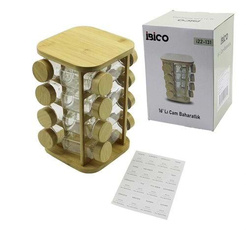 16PCS KARE - DÖNER STANDLI CAM - BAMBU KAPAK TUZLUK - BAHARATLIK BAMBU STAND (5047)