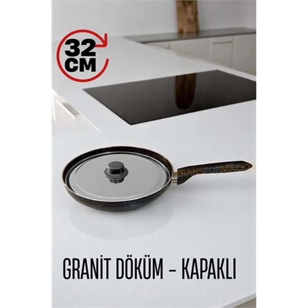Granit Döküm Tava Paslanmaz Çelik Kapaklı -Yapışmaz Taban 32 Cm