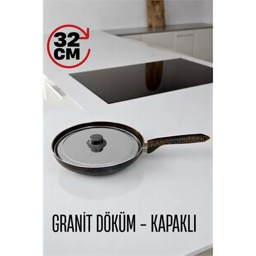 Granit Döküm Tava Paslanmaz Çelik Kapaklı -Yapışmaz Taban 32 Cm