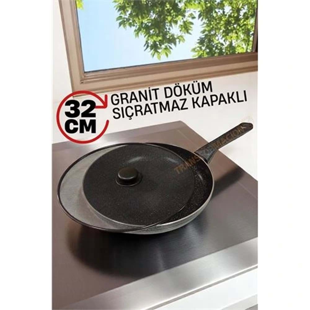 Granit Döküm Tava Yağ Sıçratmaz Kapaklı -Yapışmaz Taban 32 Cm