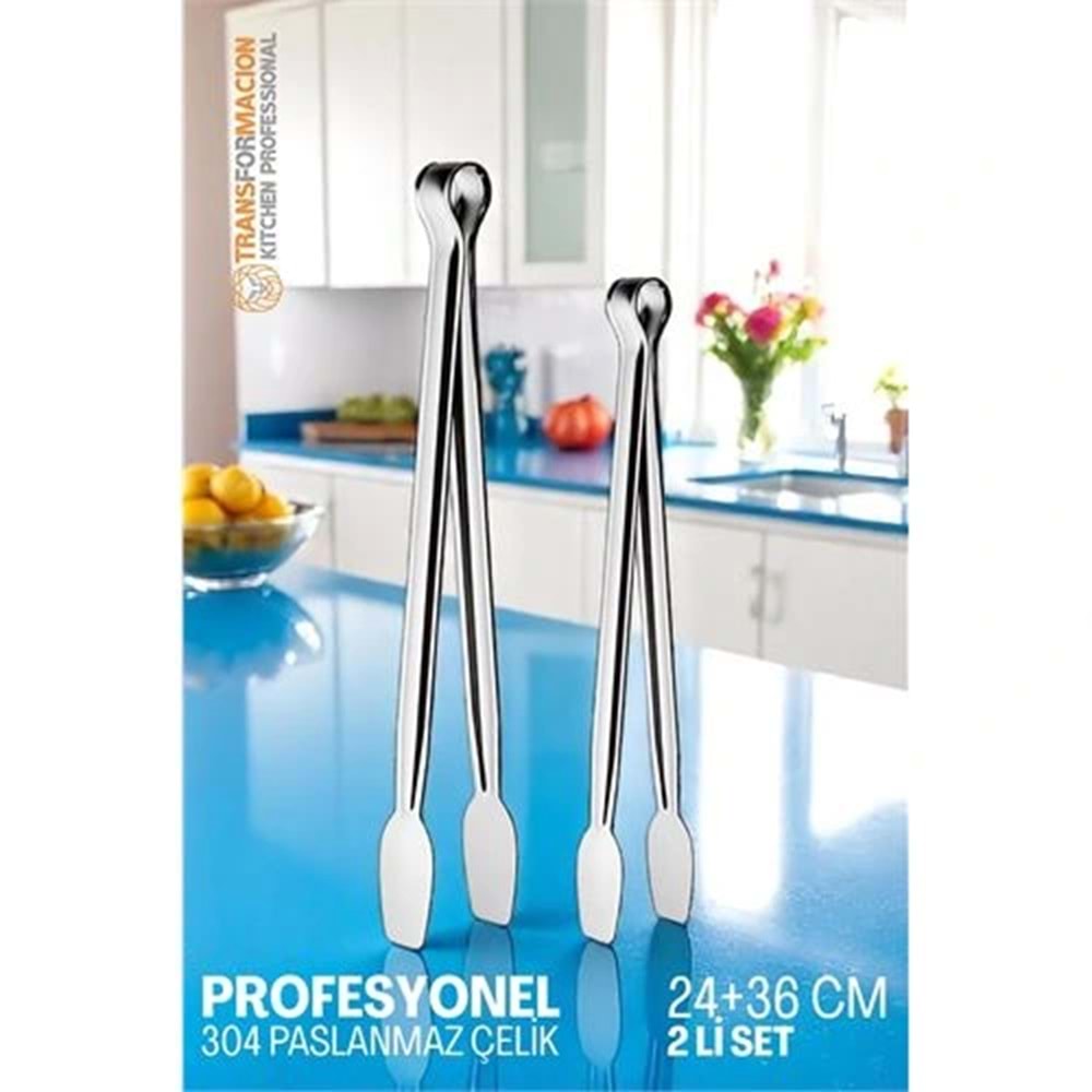 2 Boy Mutfak Maşası - Mangal Barbekü Maşası - Izgara Maşası Tava Maşası Çelik 18 ve 36 Cm