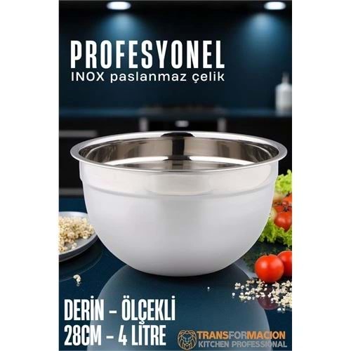 Inox Ölçekli Derin Kase - 28 Cm 4 Litre Karıştırma Kabı Profesyonel 304 Paslanmaz Çelik