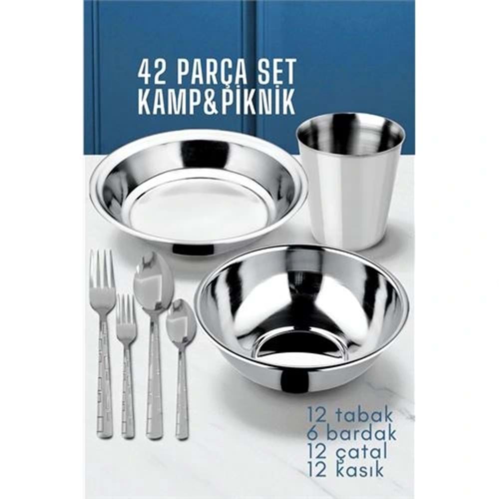 42 Parça Tabak Kase Bardak Çatla Kaşık Seti Kamp Piknik Seti