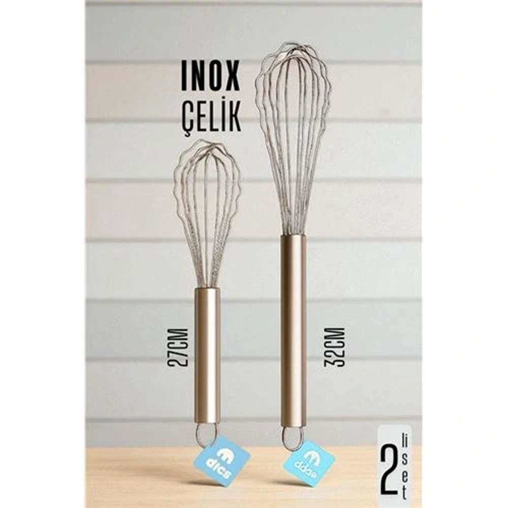Inox Çelik Çırpıcı + Uzun Kısa 2 li Çırpıcı Seti