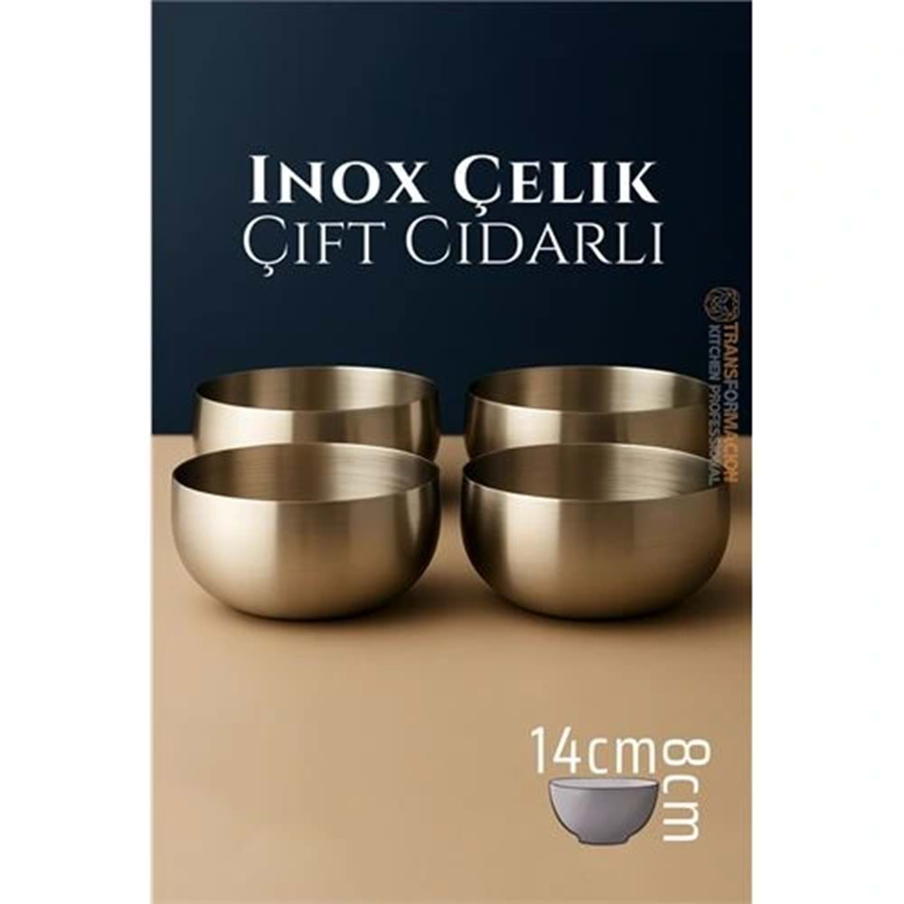 Çift Cidarlı Kase - Inox Çelik Kase 14 cm 4 LÜ SET