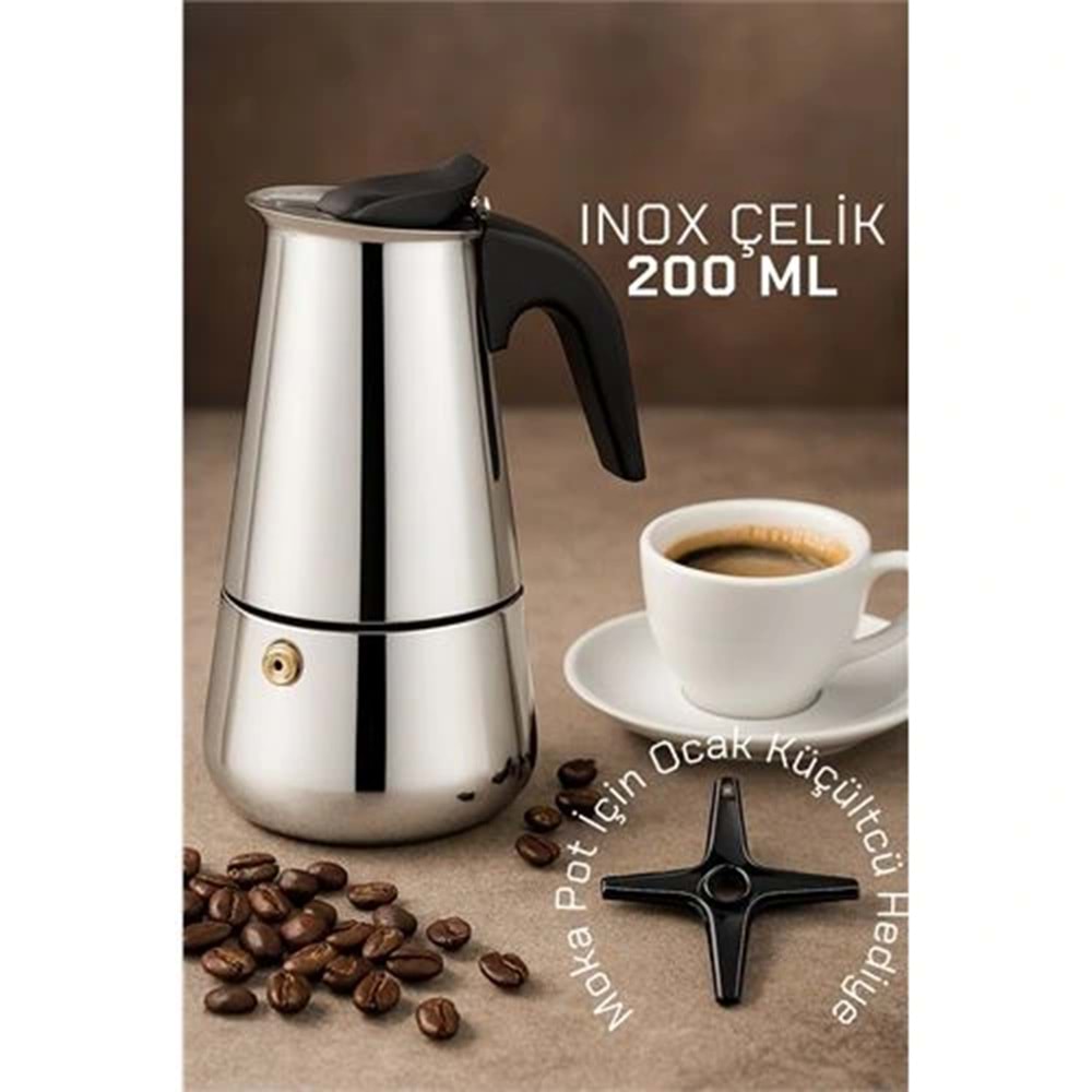 Inox Moka Pot - Paslanmaz Çelik Profesyonel Moka Pot - 200 ml