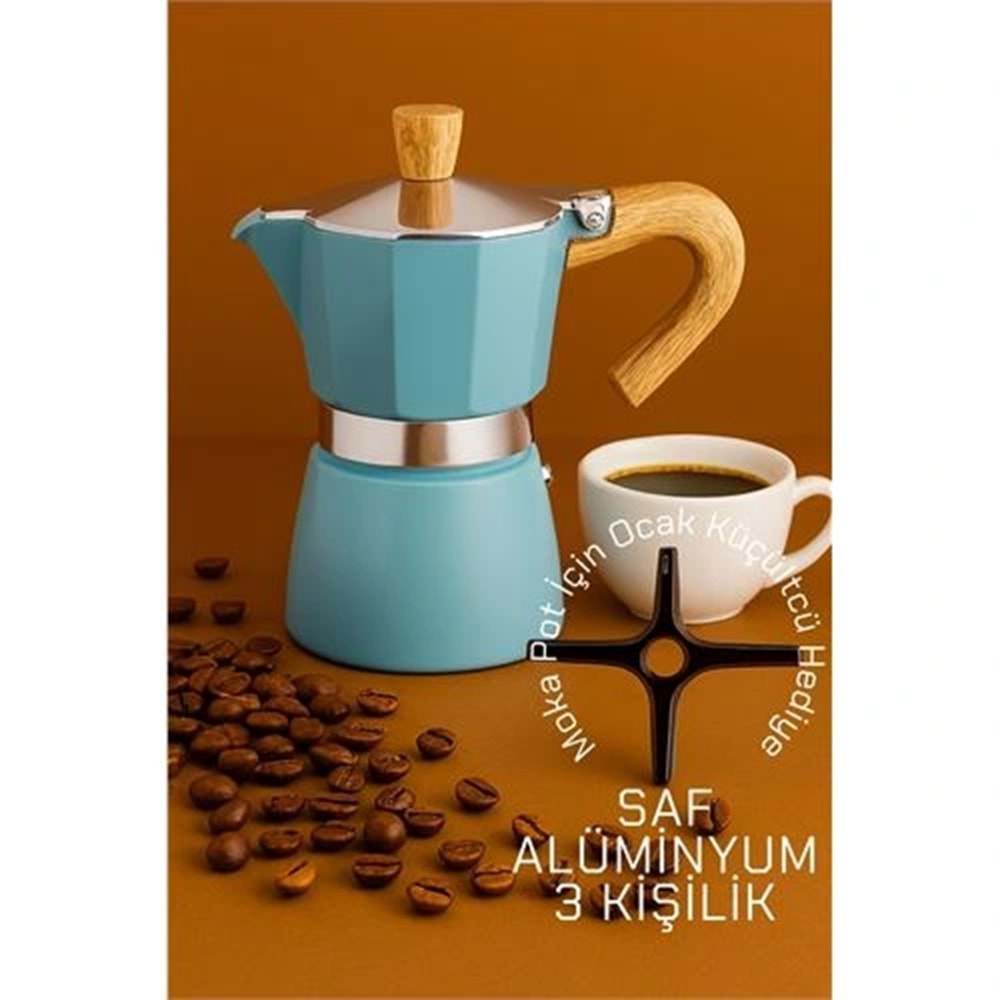 Italyan Moka Pot - 6061 Saf Alüminyum Ahşap Saplı - 3 kişilik MAVİ