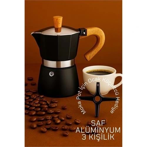 Italyan Moka Pot - 6061 Saf Alüminyum Ahşap Saplı - 3 kişilik SİYAH