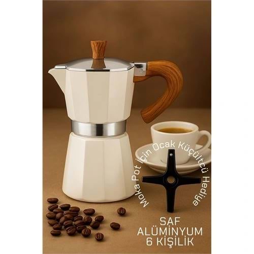 Italyan Moka Pot - 6061 Saf Alüminyum Ahşap Saplı - 6 kişilik KREM