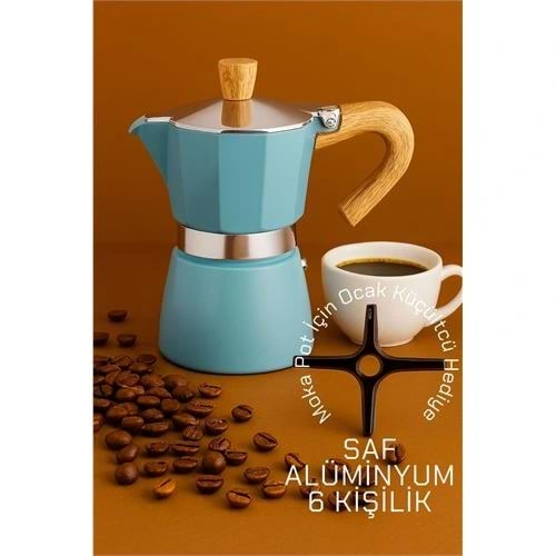 Italyan Moka Pot - 6061 Saf Alüminyum Ahşap Saplı - 6 kişilik MAVİ