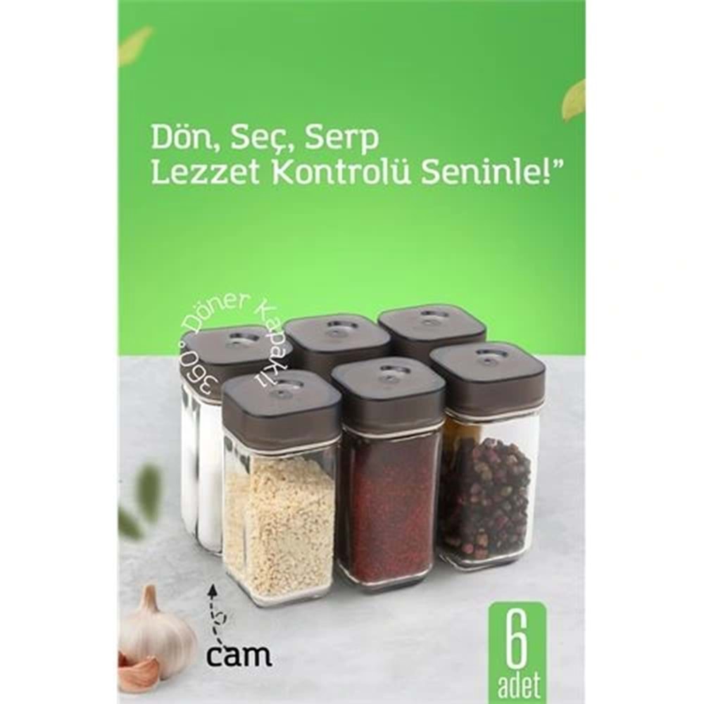 Cam Tuzluk Baharatlık – 360° Döner Kapaklı | 3 Delik Tipiyle Ayarlanabilir Akış 6 ADET