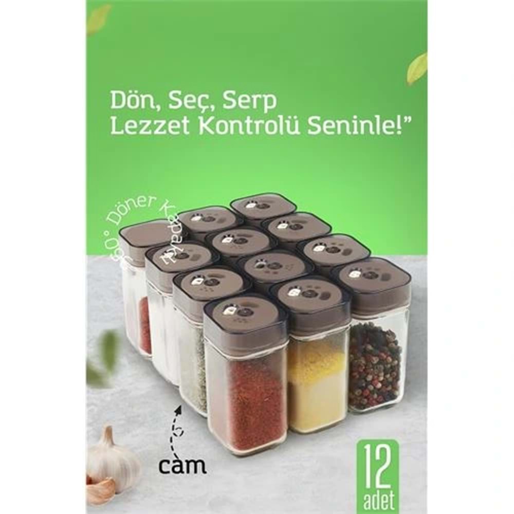 Cam Tuzluk Baharatlık – 360° Döner Kapaklı | 3 Delik Tipiyle Ayarlanabilir Akış 12 ADET
