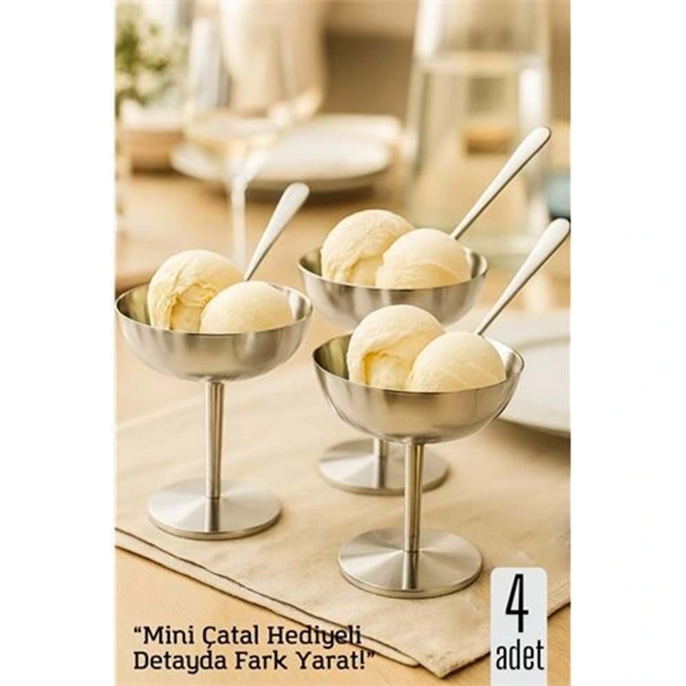 4 lü Gümüş Inox Çelik Ayaklı Dondurma ve Sunum Kasesi – Tatlı, Lokum ve Sunum Kabı