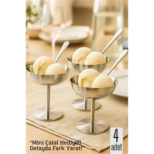 4 lü Gümüş Inox Çelik Ayaklı Dondurma ve Sunum Kasesi – Tatlı, Lokum ve Sunum Kabı
