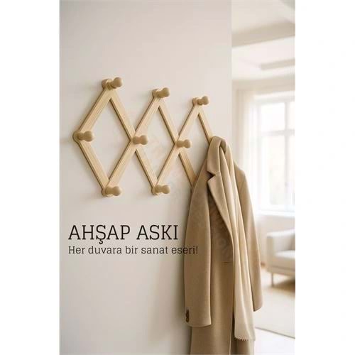 Ahşap Akordeon Duvar Askısı - Dekoratif, Çok Amaçlı, 10 Kancalı Akıllı Askılık