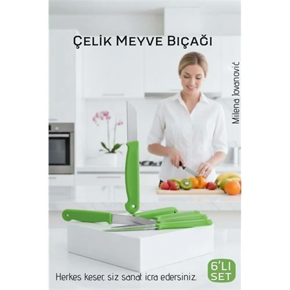 6'lı Premium Paslanmaz Çelik Meyve Bıçağı Seti - Yeşil Saplı Keskin Soyma Bıçağı Takımı