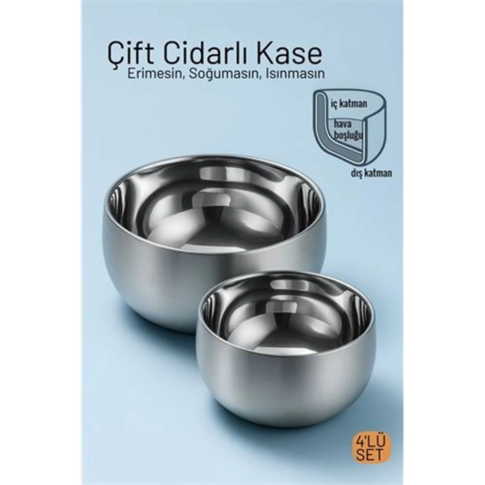 Çift Cidarlı Isı Yalıtımlı 4'lü Lüks Kase Seti (16cm & 18cm) Premium 304 Paslanmaz Çelik