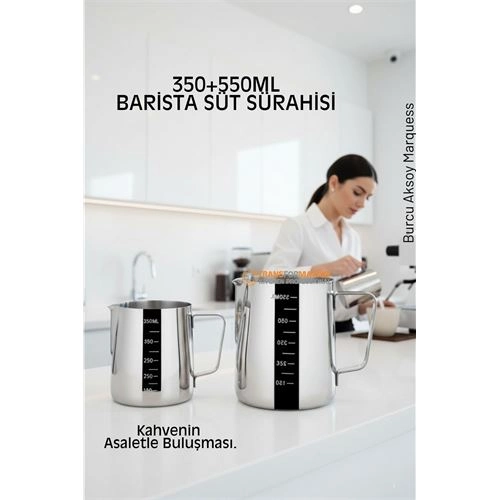 İnox 350ml-550ml Barista Süt Sürahisi Seti - Süt Köpürtme Potu - Paslanmaz Çelik