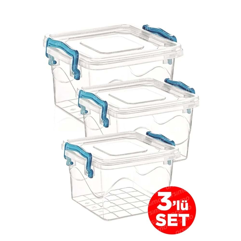 3'lü Kare Kelepçeli Şeffaf Saklama Kabı Seti | Kapaklı Saklama Kabı Set 2.4 Lt - 1.2 Lt - 550 Ml -82111