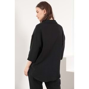 Kaktüs Moda Müslin Kumaş Ceket Yaka Kadın Siyah Gömlek L