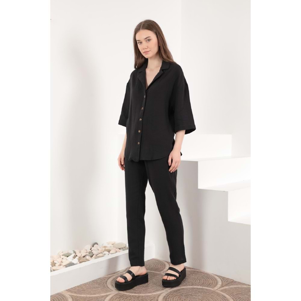Kaktüs Moda Müslin Kumaş Ceket Yaka Kadın Siyah Gömlek XL