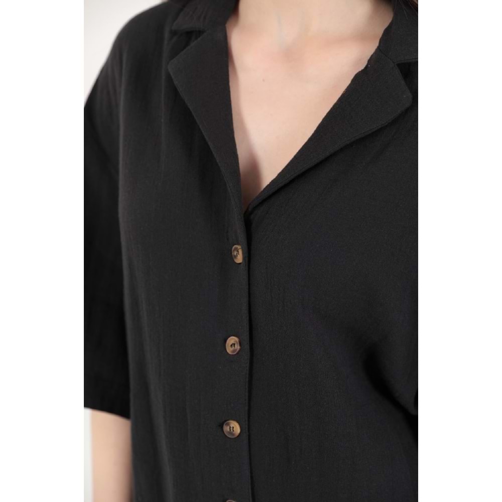 Kaktüs Moda Müslin Kumaş Ceket Yaka Kadın Siyah Gömlek S