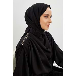 Hooops - Taş Aksesuarlı Drapeli Krep Elbise - HY23280 - Siyah - L