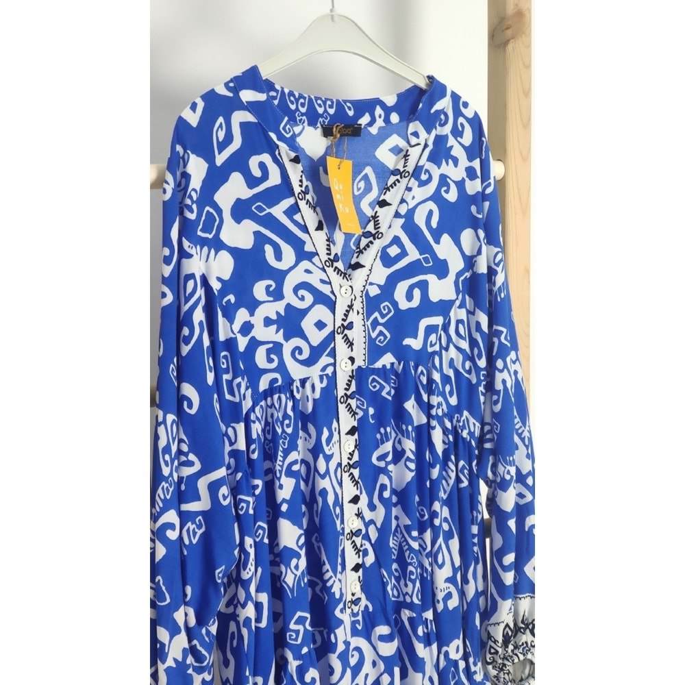 Qumika - Viskon Baskılı Desenli Elbise - Mavi - STANDART