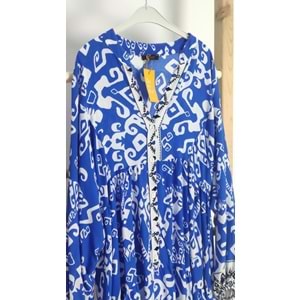 Qumika - Viskon Baskılı Desenli Elbise - Mavi - STANDART