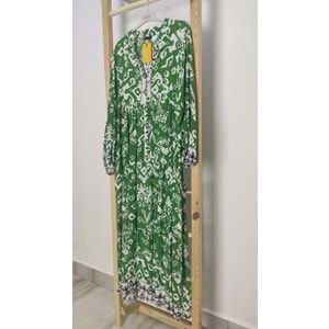 Qumika - Viskon Baskılı Desenli Elbise - Yeşil - STANDART