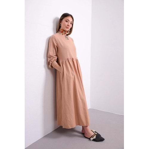 Qumika - Uzun Basic Keten Elbise - 23SS-1208 - Camel - L