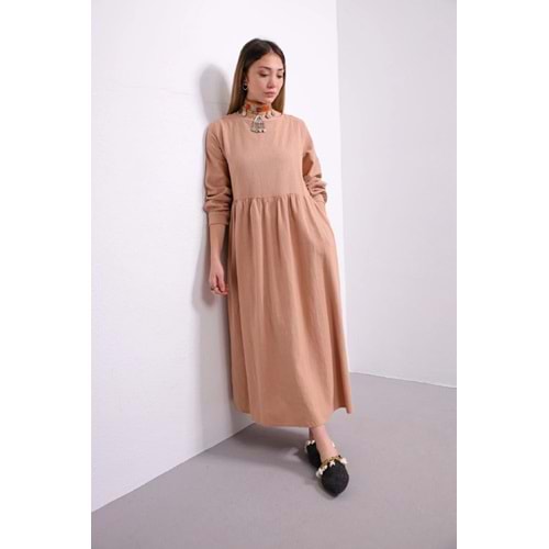 Qumika - Uzun Basic Keten Elbise - 23SS-1208 - Camel - M