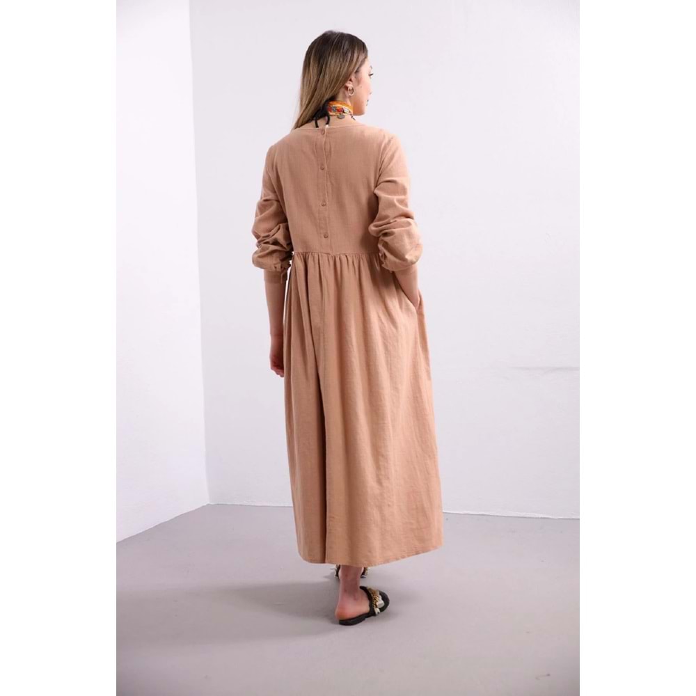 Qumika - Uzun Basic Keten Elbise - 23SS-1208 - Camel - S