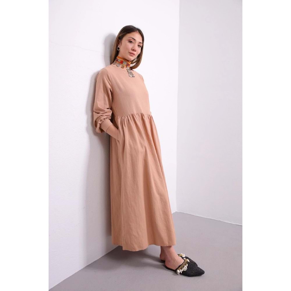 Qumika - Uzun Basic Keten Elbise - 23SS-1208 - Camel - S